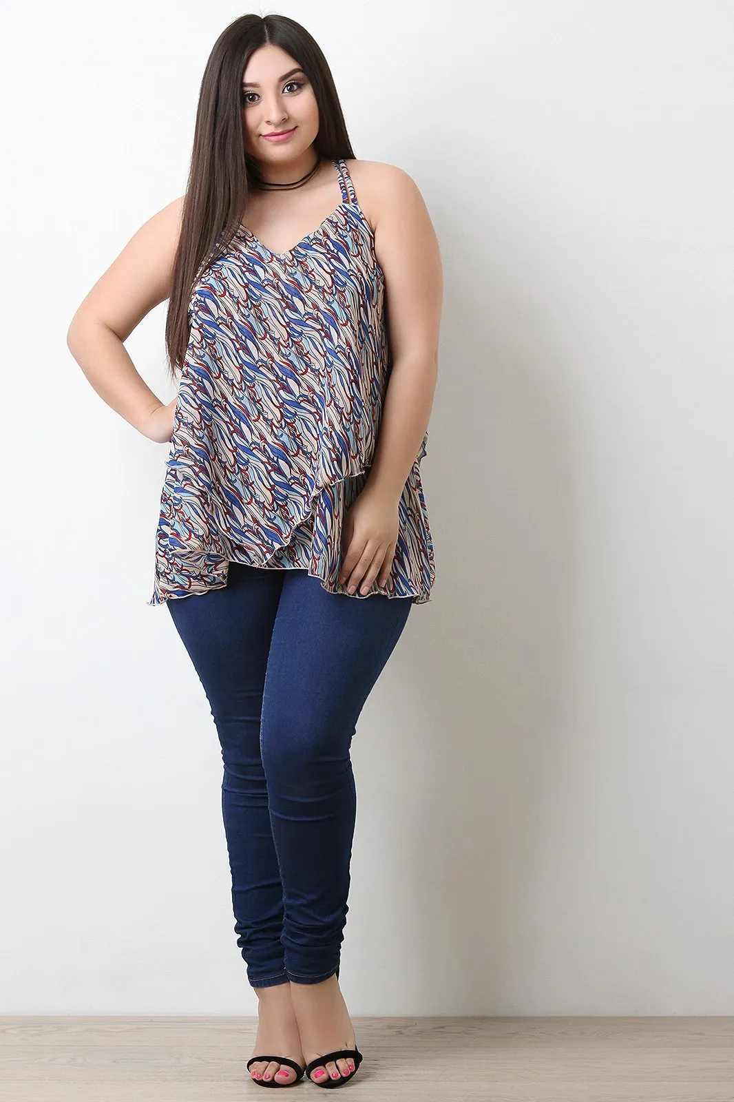 Abstract Printed Chiffon Flowy Tier Tank Top