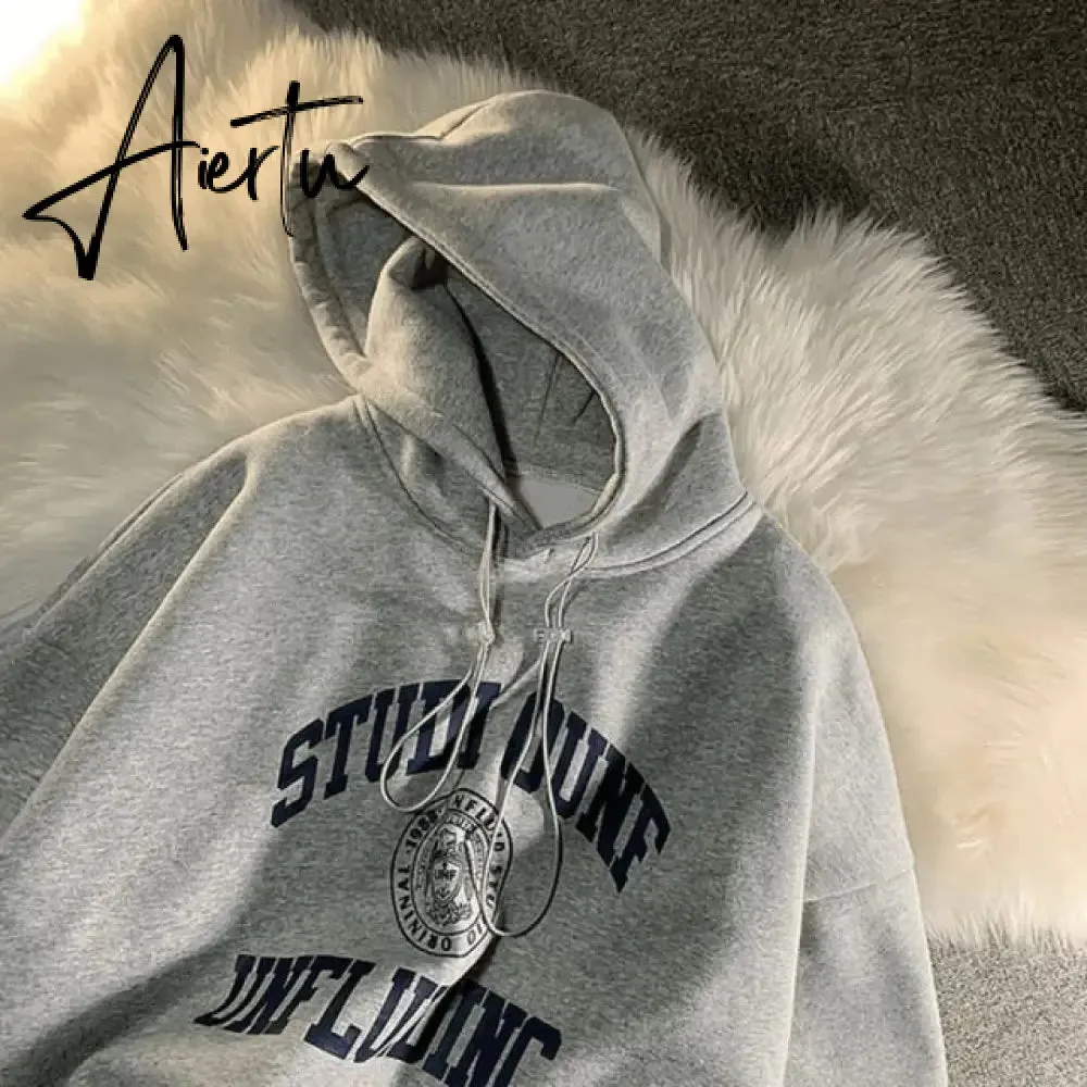 Aiertu Letter Print Sweatshirt Vintage Women Hoodies Gray Cotton Warm Fleece Winter Pullovers Autumn New Casual Streetwear Girls