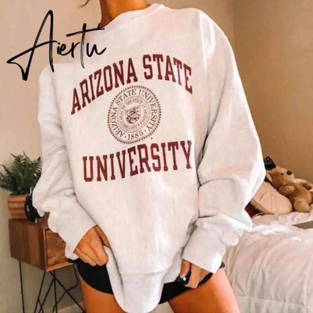 Aiertu Letter Print Sweatshirt Vintage Women Hoodies Gray Cotton Warm Fleece Winter Pullovers Autumn New Casual Streetwear Girls