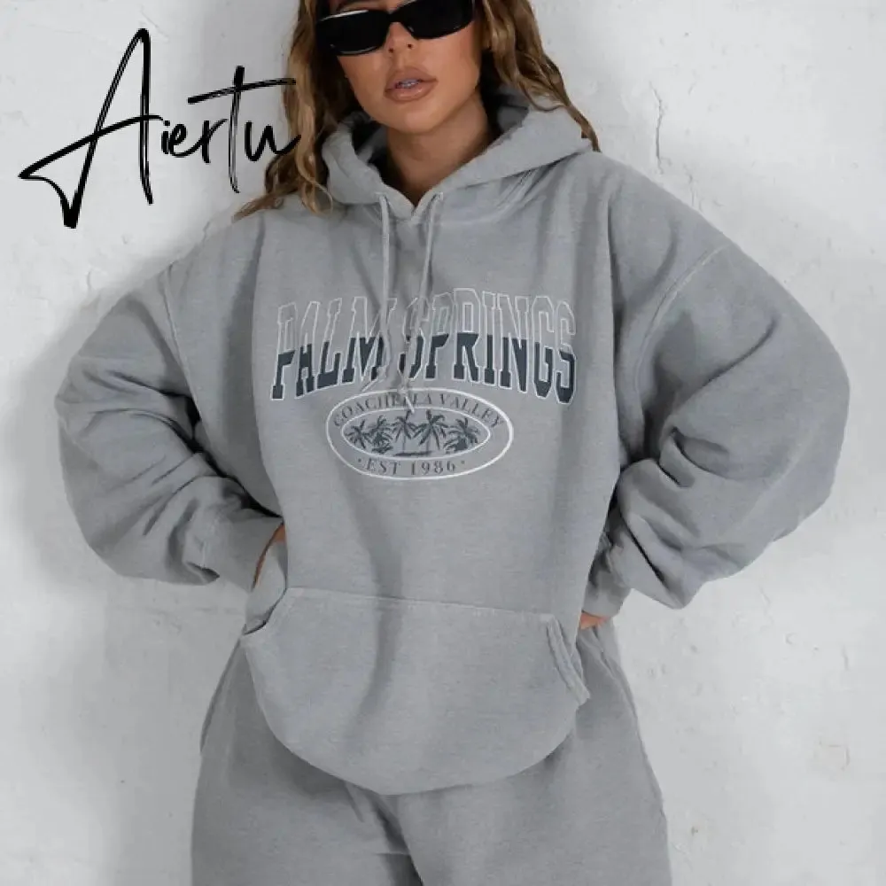 Aiertu Letter Print Sweatshirt Vintage Women Hoodies Gray Cotton Warm Fleece Winter Pullovers Autumn New Casual Streetwear Girls