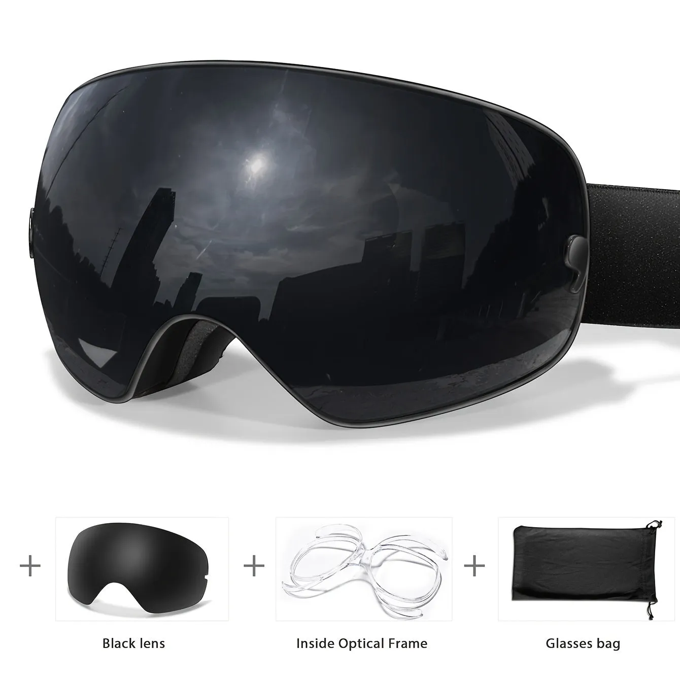 Anti-Fog Ski Goggles with Interchangeable Lens - TPU Frame, Includes Black Lens & Optical Frame & Carry Bag for Snowboarding, Skating, and Winter Sports, for Winter