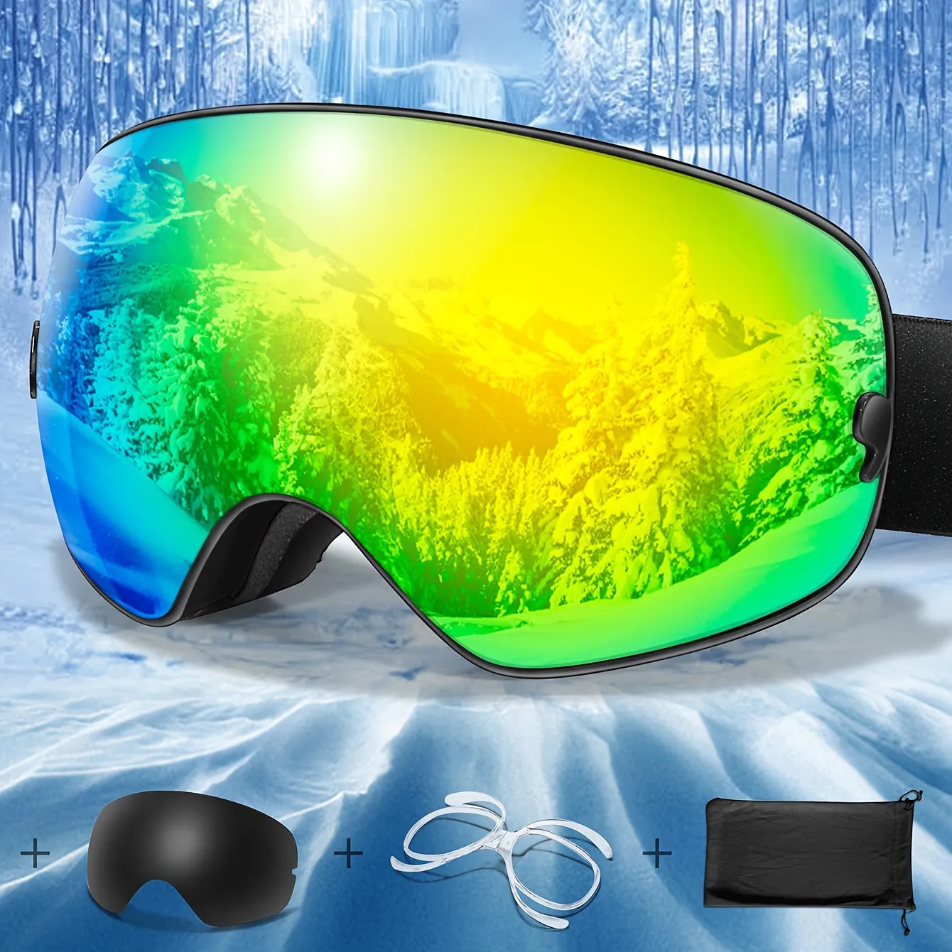 Anti-Fog Ski Goggles with Interchangeable Lens - TPU Frame, Includes Black Lens & Optical Frame & Carry Bag for Snowboarding, Skating, and Winter Sports, for Winter