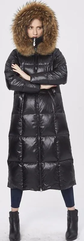 Black Glossy Fur Hooded Long Puffy Down Coat