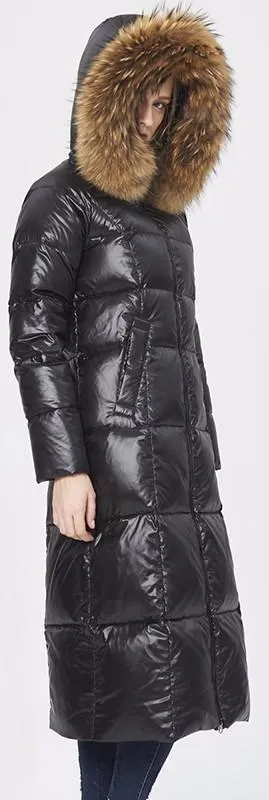 Black Glossy Fur Hooded Long Puffy Down Coat