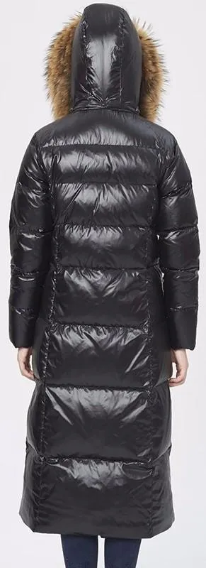 Black Glossy Fur Hooded Long Puffy Down Coat