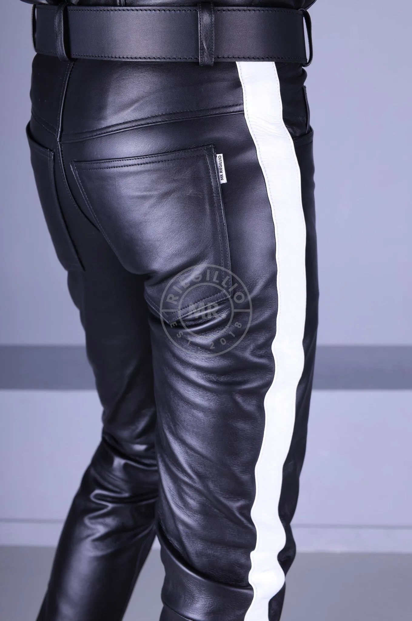 Black Leather 5 Pocket Pants - White Stripe