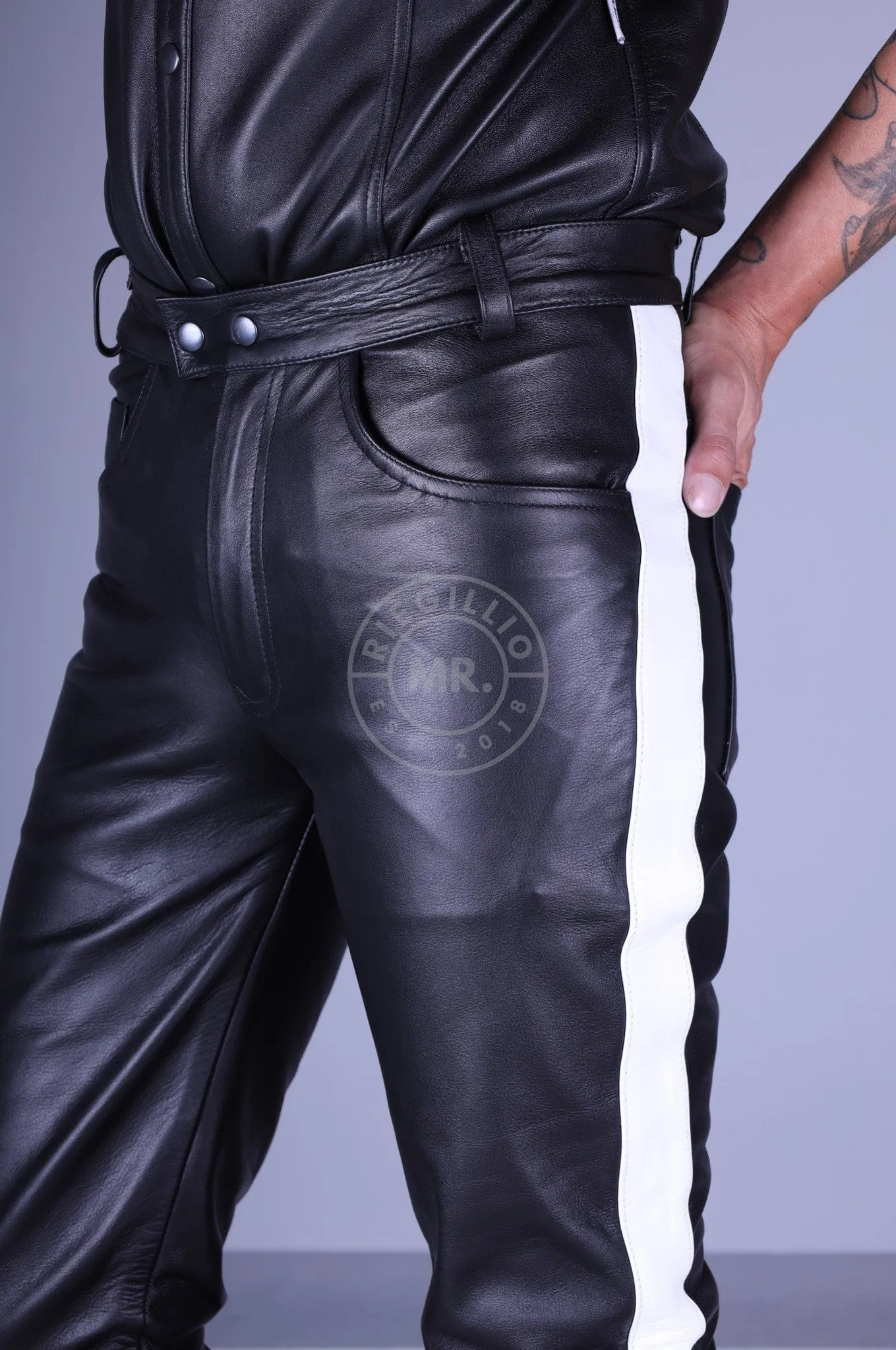 Black Leather 5 Pocket Pants - White Stripe