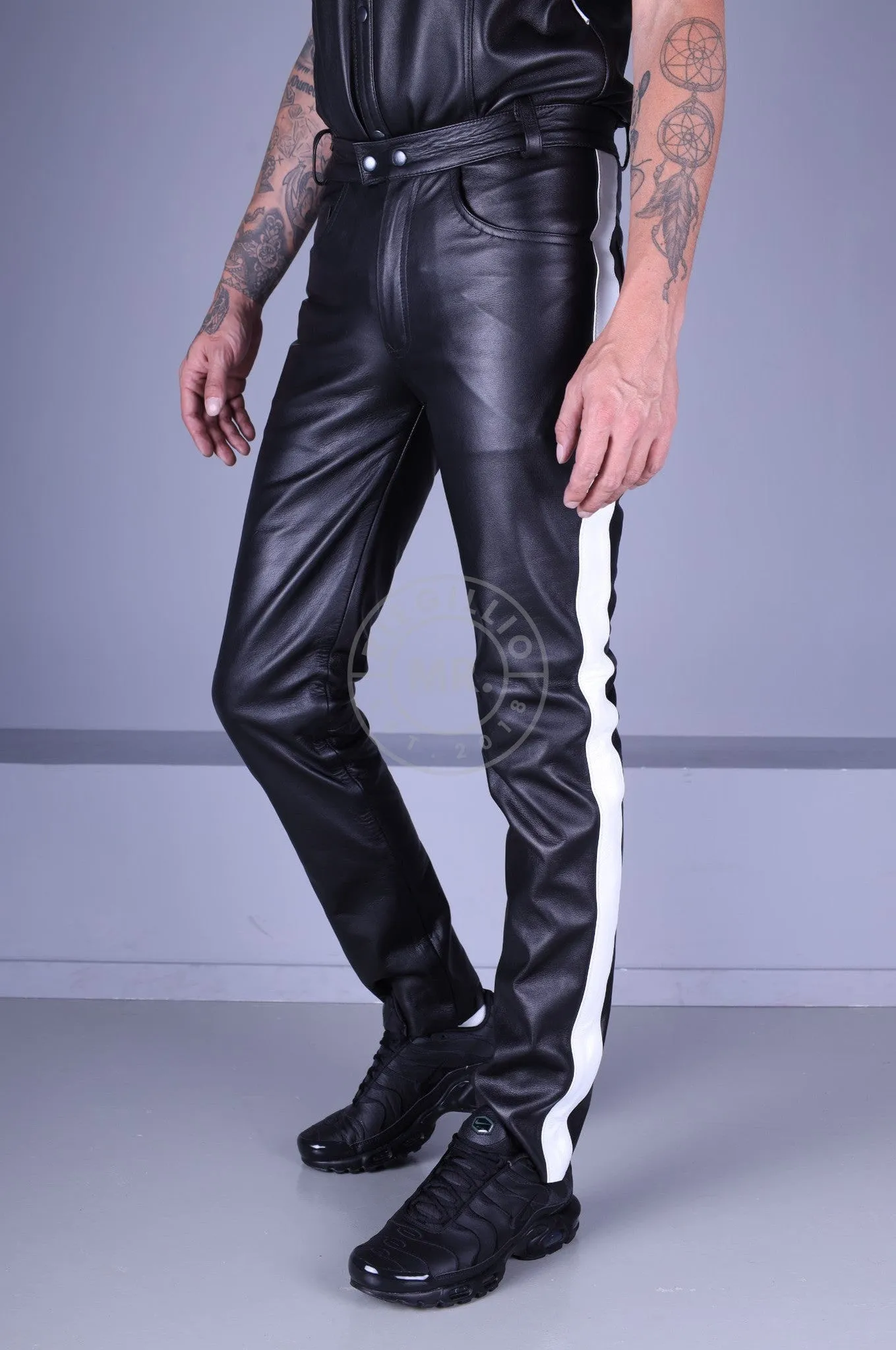 Black Leather 5 Pocket Pants - White Stripe