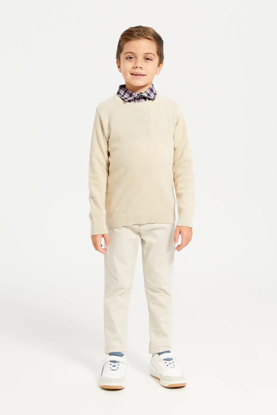 Boys Beige Pullover With Mock Collar