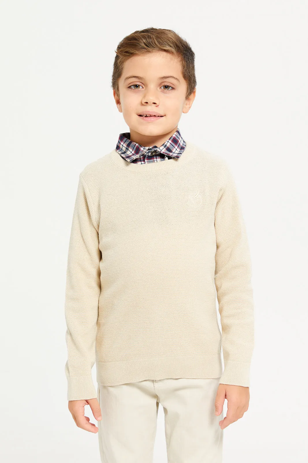 Boys Beige Pullover With Mock Collar