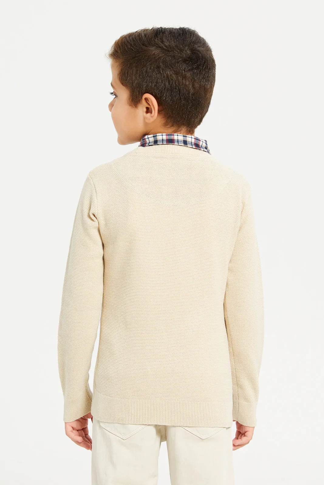 Boys Beige Pullover With Mock Collar