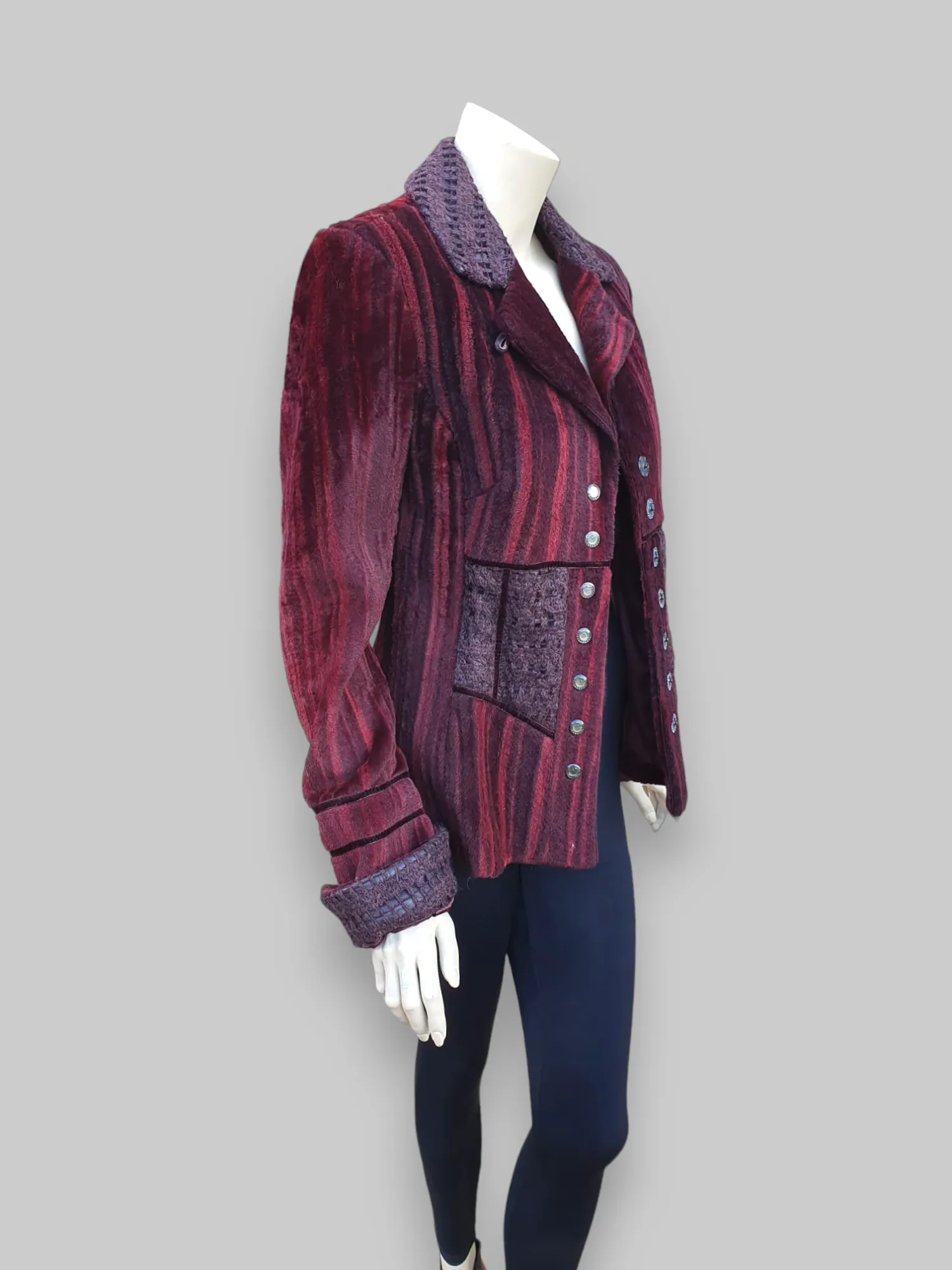 Burgundy Knit & Leather Treatment Shearling Jacket -Medium