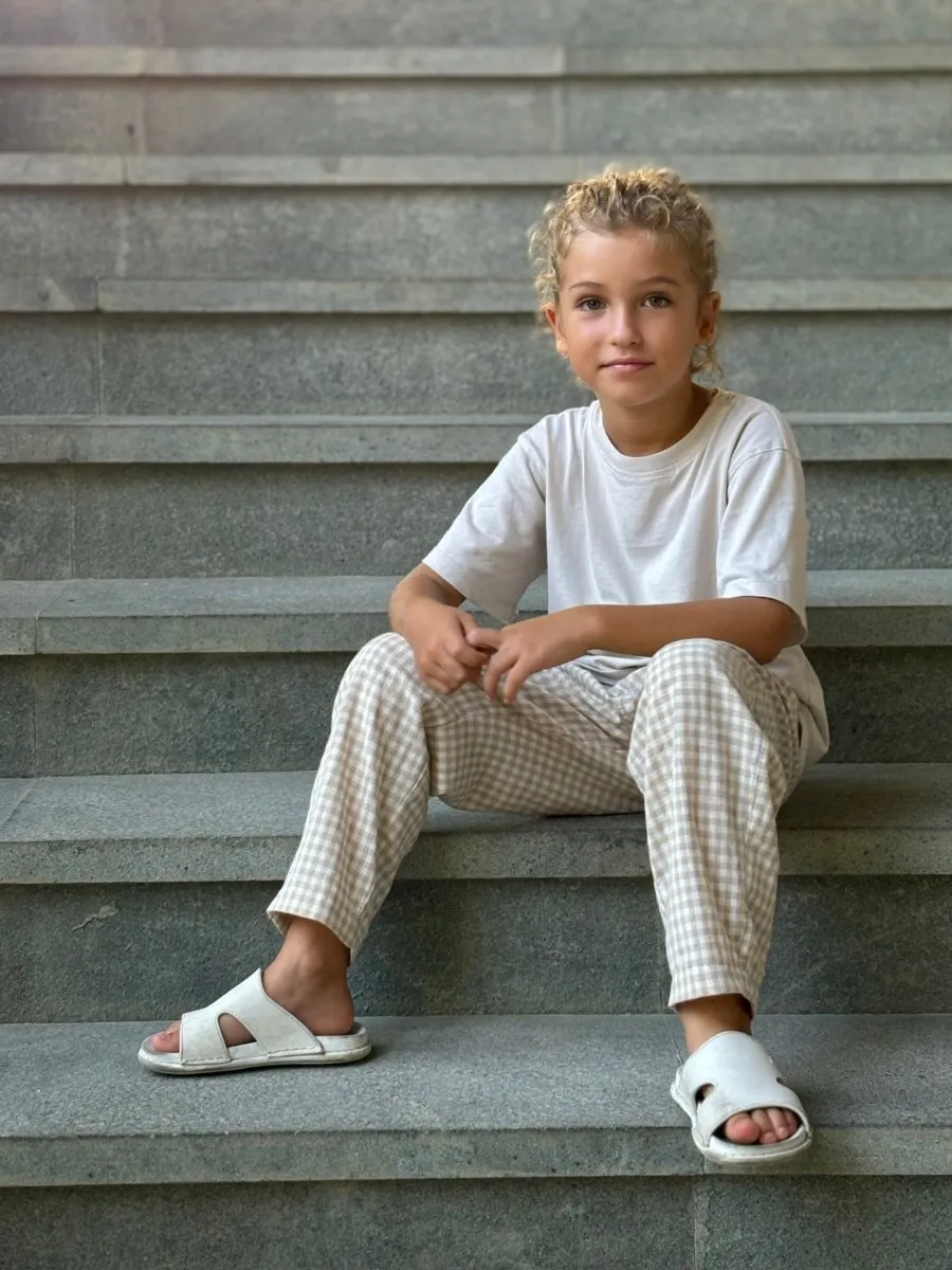 Children cotton-linen pants in Beige plaid