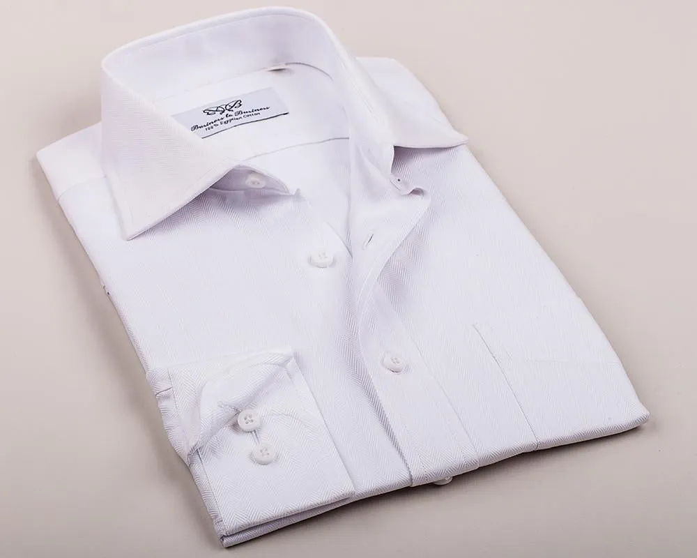 Classic White Solid Herringbone Formal Business Dress Shirt Luxury Fashion