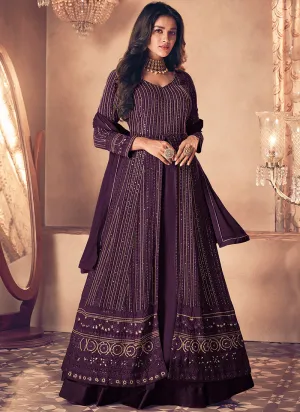 Dark Purple Traditional Sequence Embroidered Wedding Anarkali Lehenga