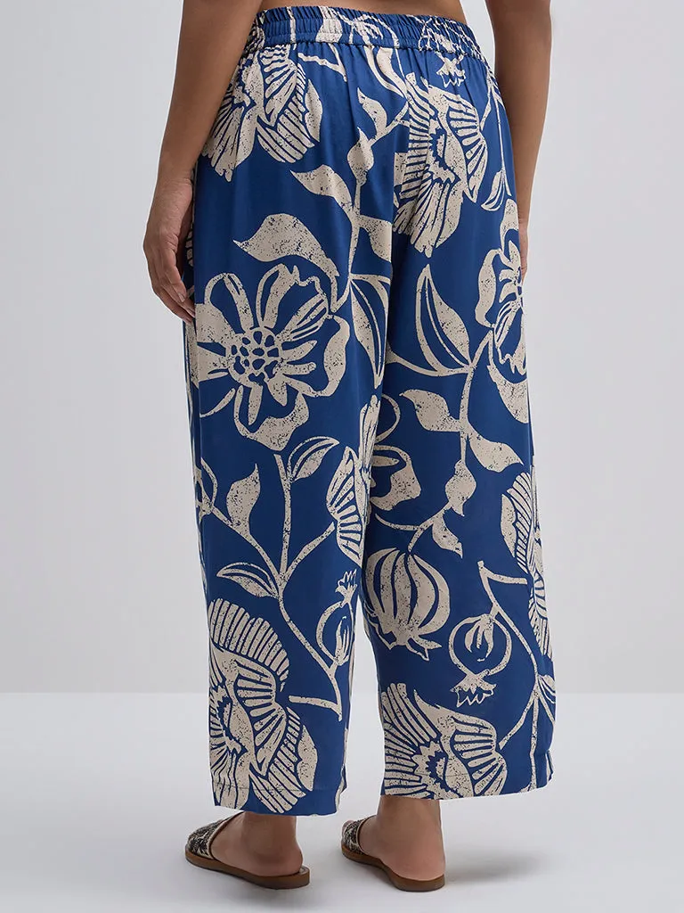 Diza Indigo Floral Design High-Rise Ethnic Pants