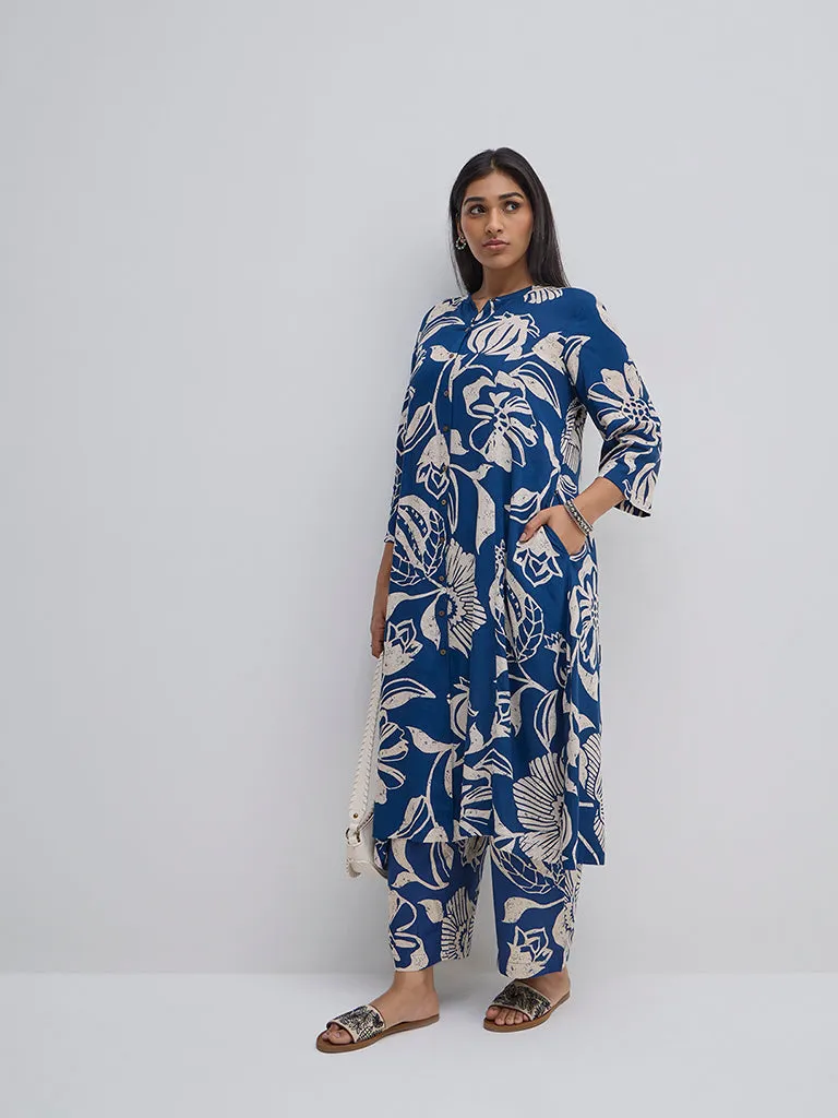 Diza Indigo Floral Design High-Rise Ethnic Pants