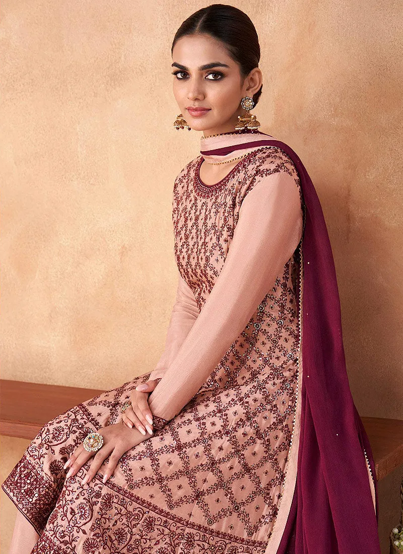 Dusty Pink Sequence Embroidery Anarkali Gharara Suit