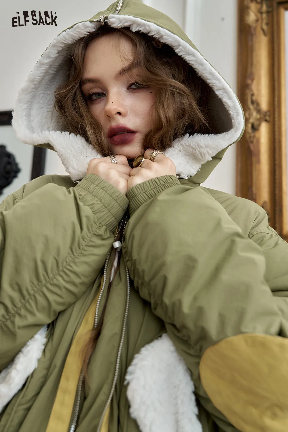 ELFSACK 2024 Winter New Arrivals Preppy style lapel green warm thickened coat for women plush design fashionable warm coat