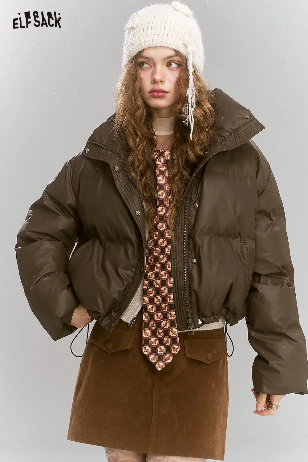 ELFSACK 2024 Winter New Arrivals Retro brown short stand collar warm thickened coat