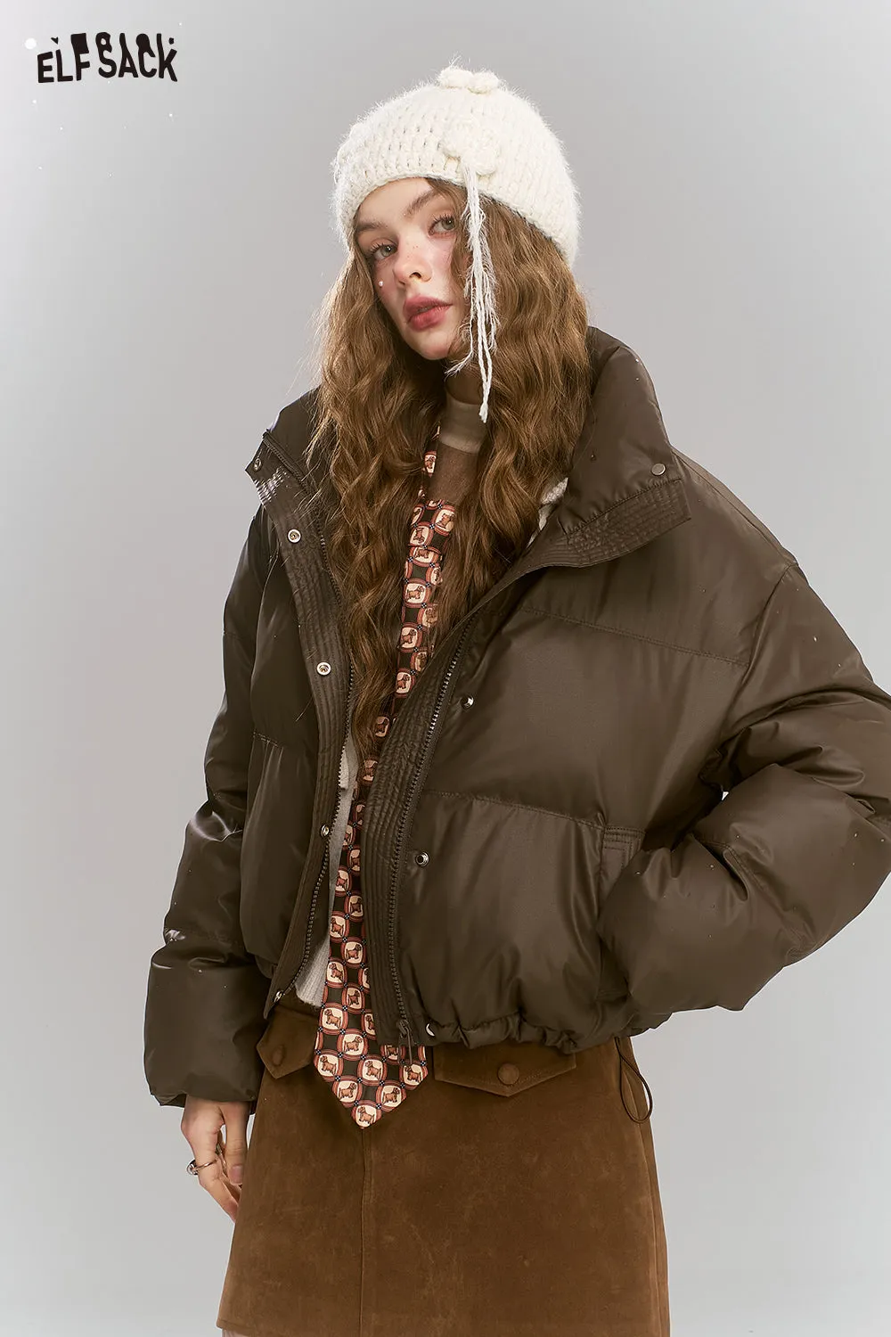 ELFSACK 2024 Winter New Arrivals Retro brown short stand collar warm thickened coat