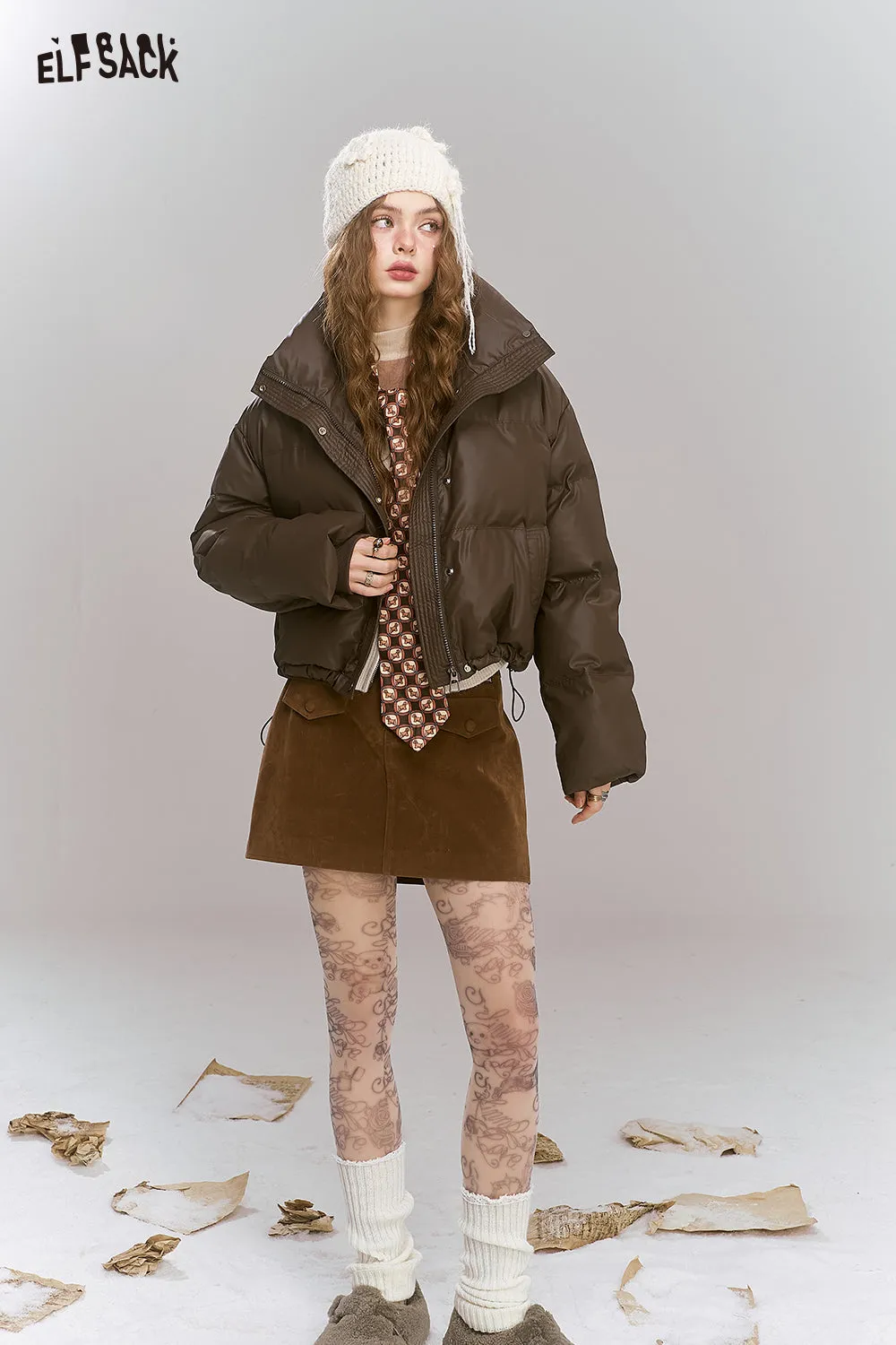 ELFSACK 2024 Winter New Arrivals Retro brown short stand collar warm thickened coat