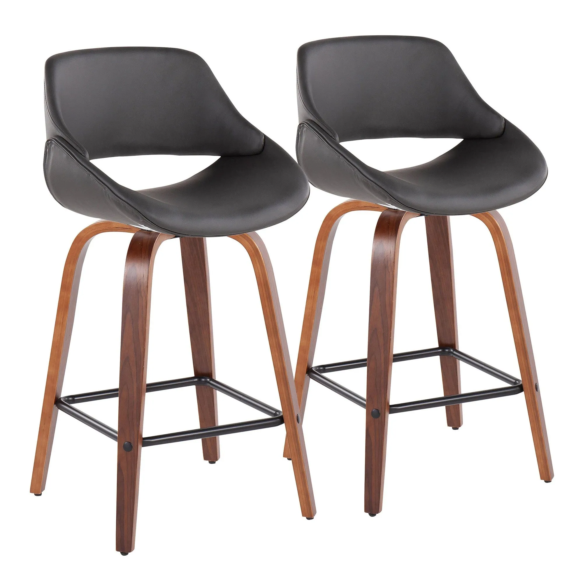 Fabrico Mid-Century Modern Fixed-Height Counter Stool in Walnut Wood with Square Black Footrest and Grey Faux Leather by LumiSource - Set of 2