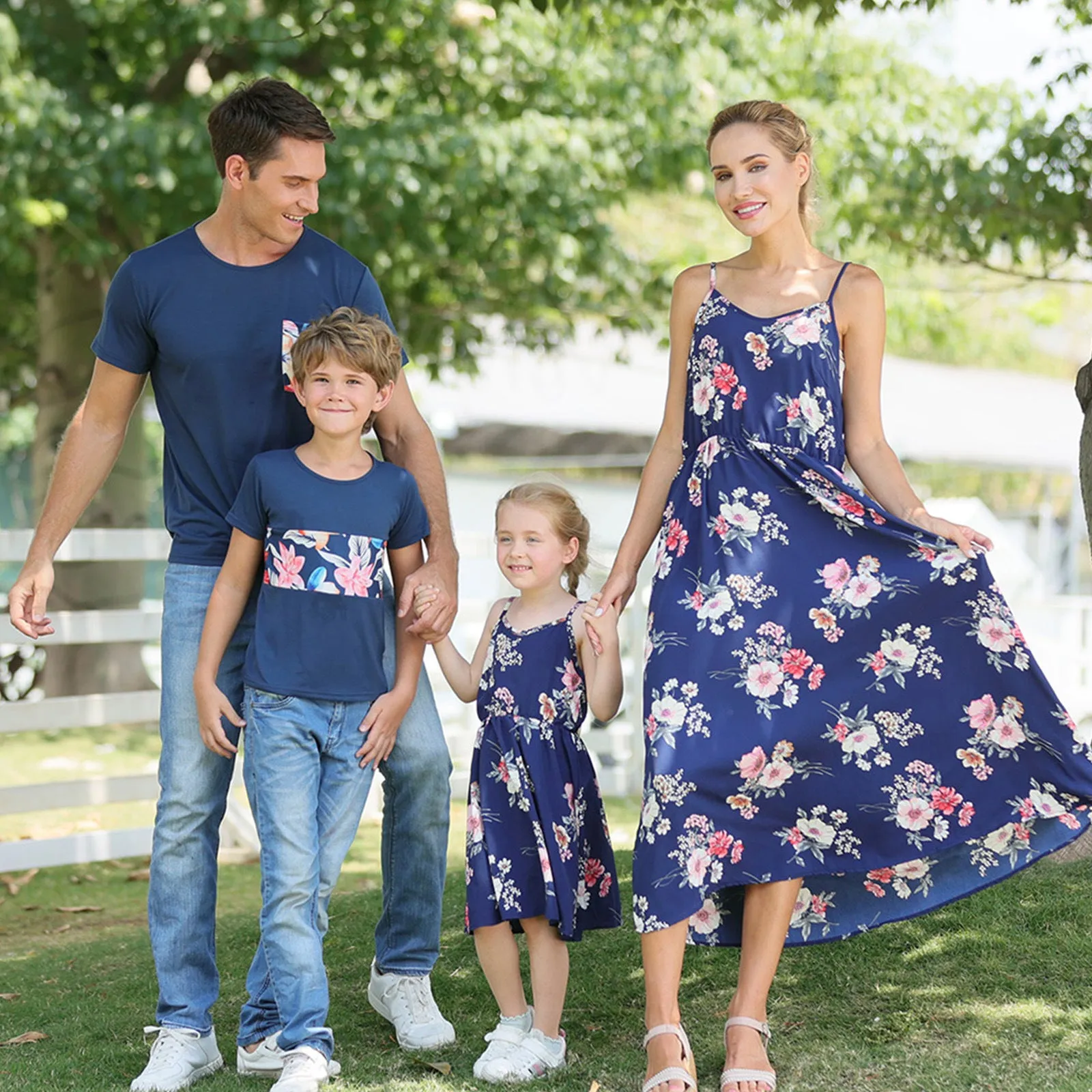 Family Matching V Neck Floral Print Dresses and Short-sleeve Shirts Sets