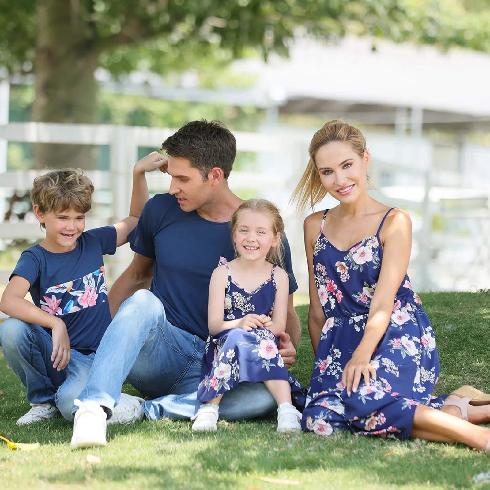 Family Matching V Neck Floral Print Dresses and Short-sleeve Shirts Sets