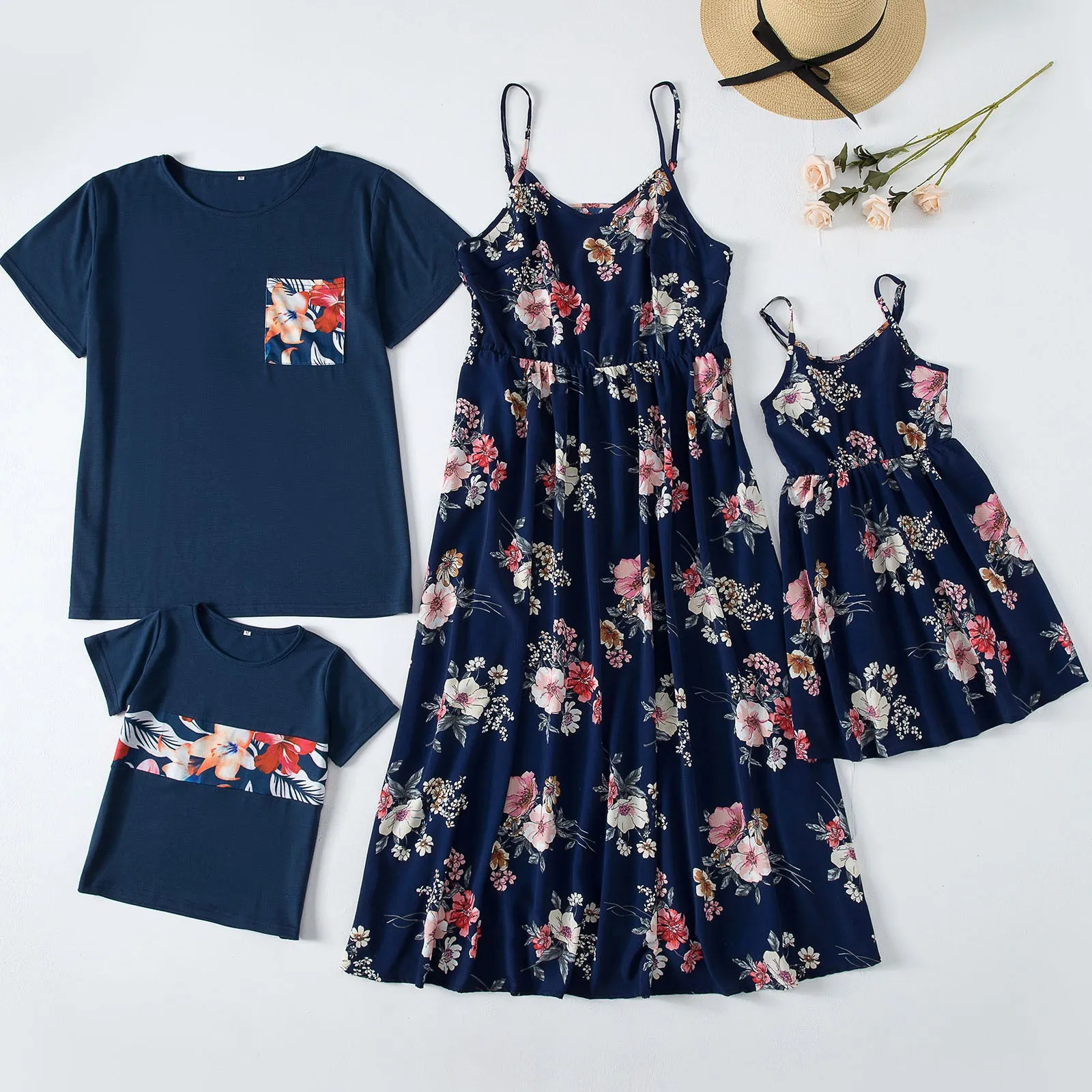 Family Matching V Neck Floral Print Dresses and Short-sleeve Shirts Sets