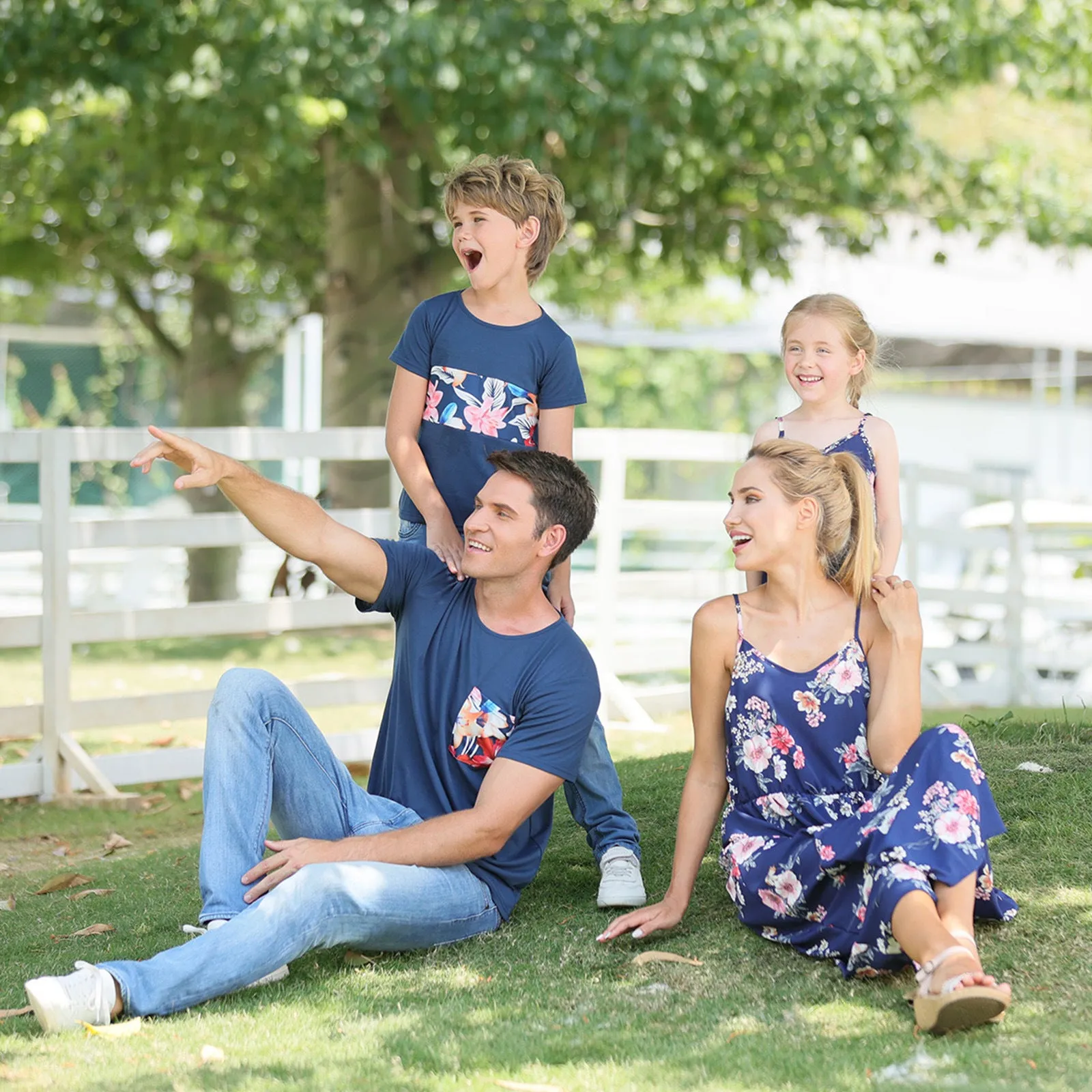 Family Matching V Neck Floral Print Dresses and Short-sleeve Shirts Sets