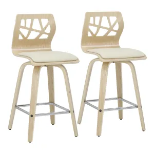 Folia Mid-Century Modern Counter Stool in Natural Wood, Cream Faux Leather, and Chrome Footrest by LumiSource - Set of 2