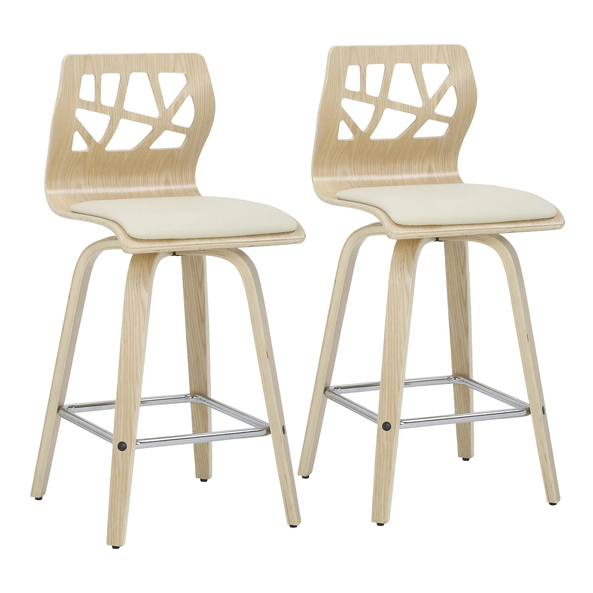 Folia Mid-Century Modern Counter Stool in Natural Wood, Cream Faux Leather, and Chrome Footrest by LumiSource - Set of 2