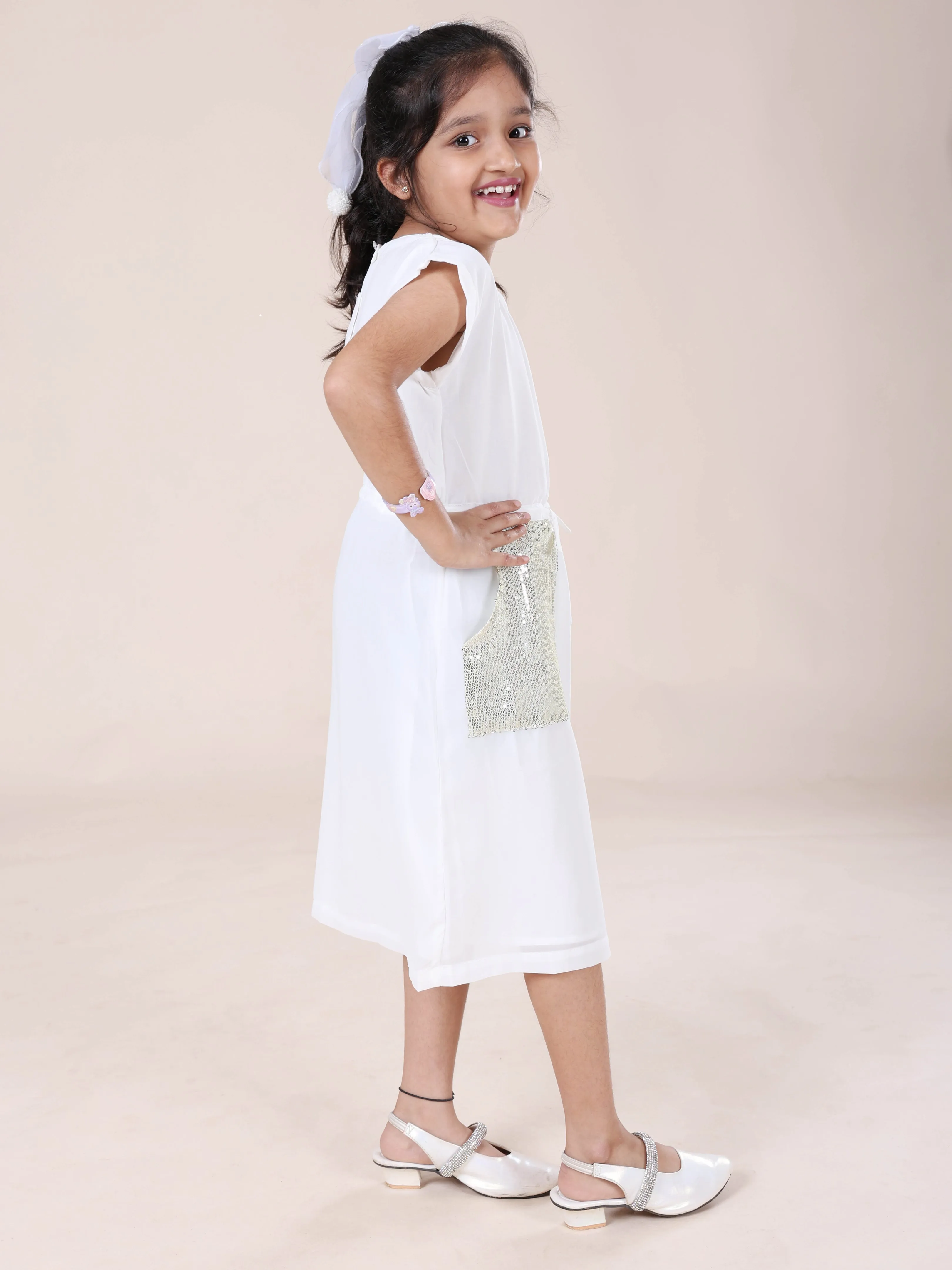 Girls Extended Sleeve Dress With Front Sequence Patch Pocket