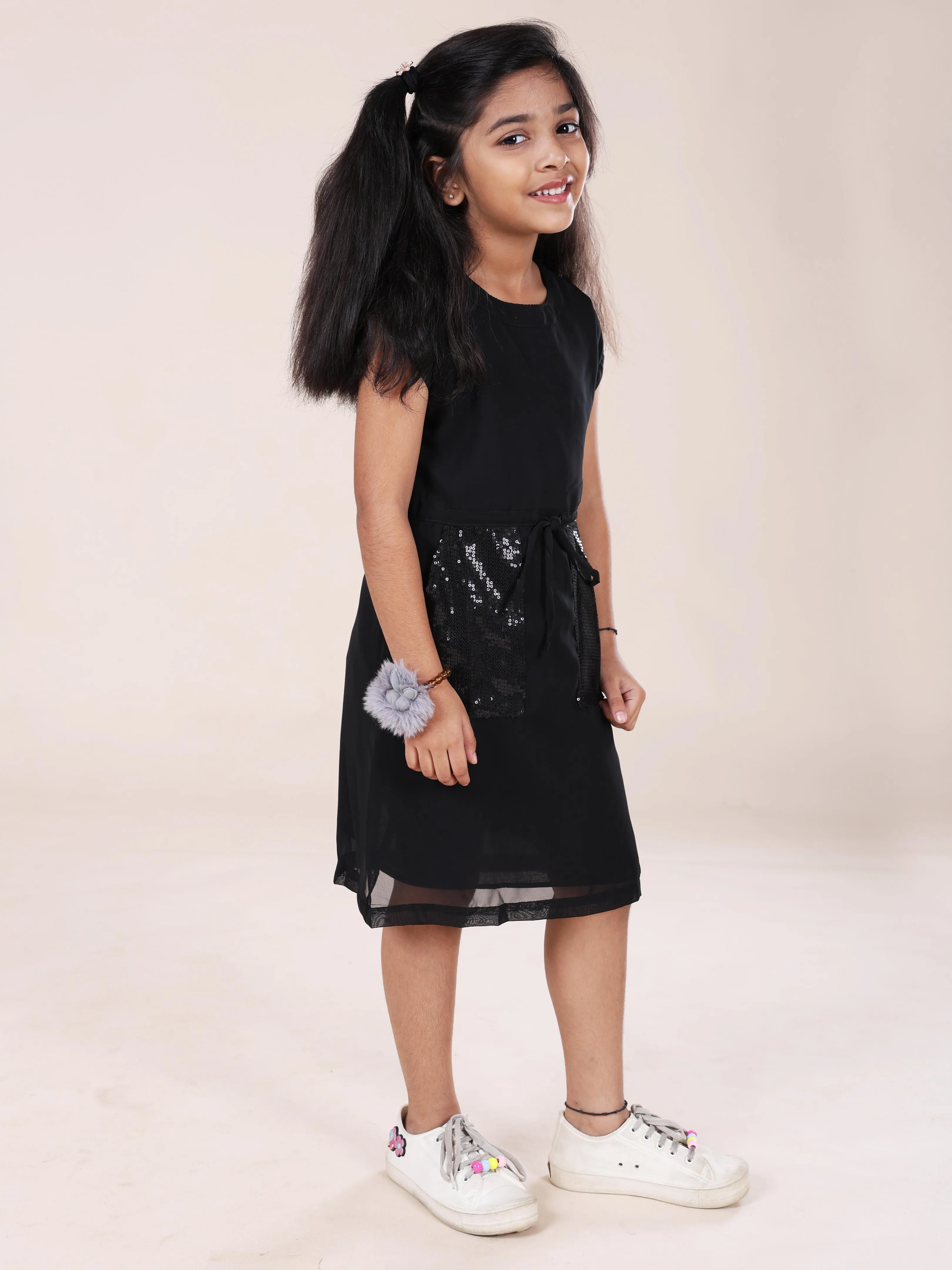 Girls Extended Sleeve Dress With Front Sequence Patch Pocket