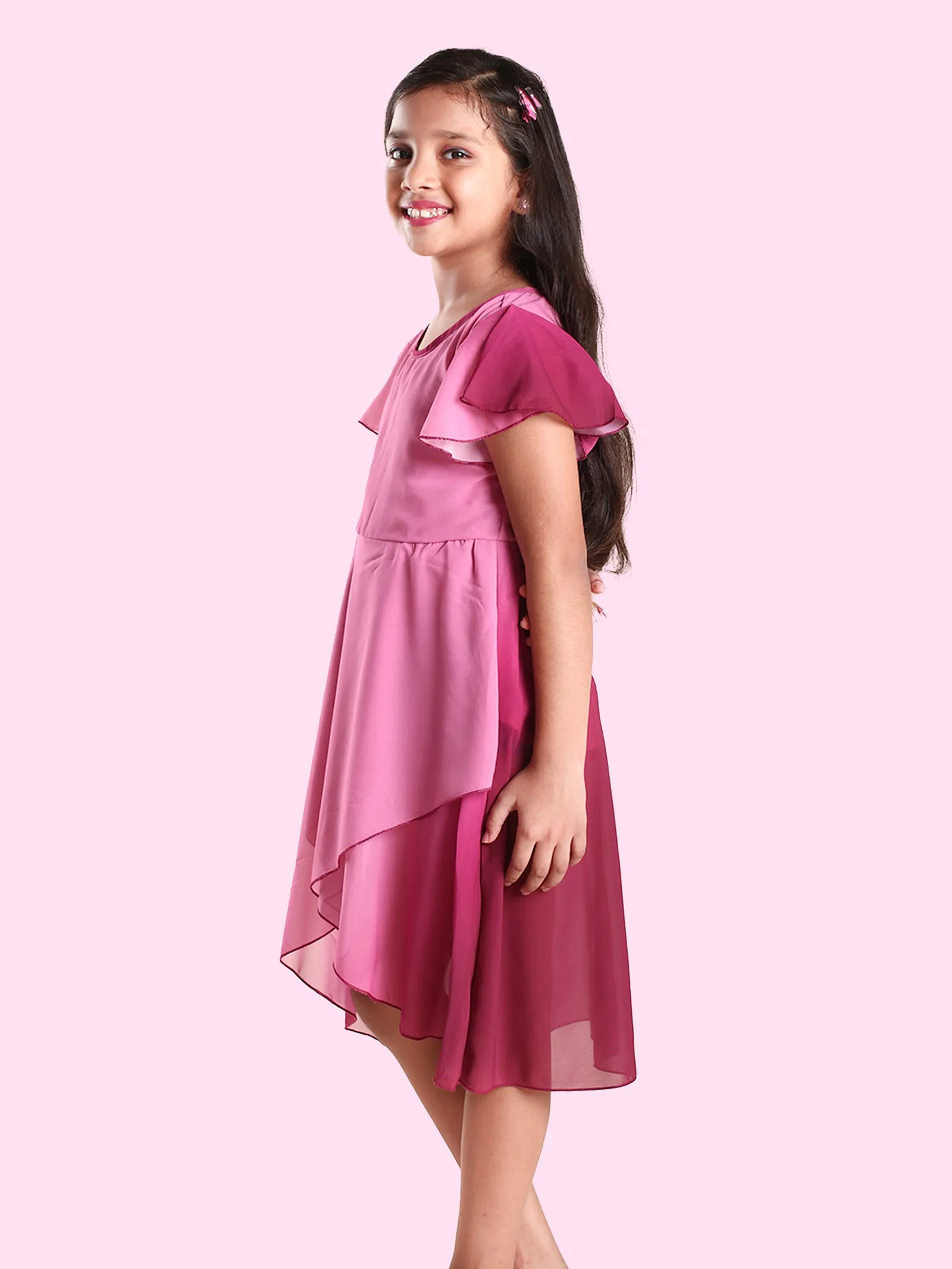 Girls Polyester Frill Sleeve Printed Over Lap Layer Dress