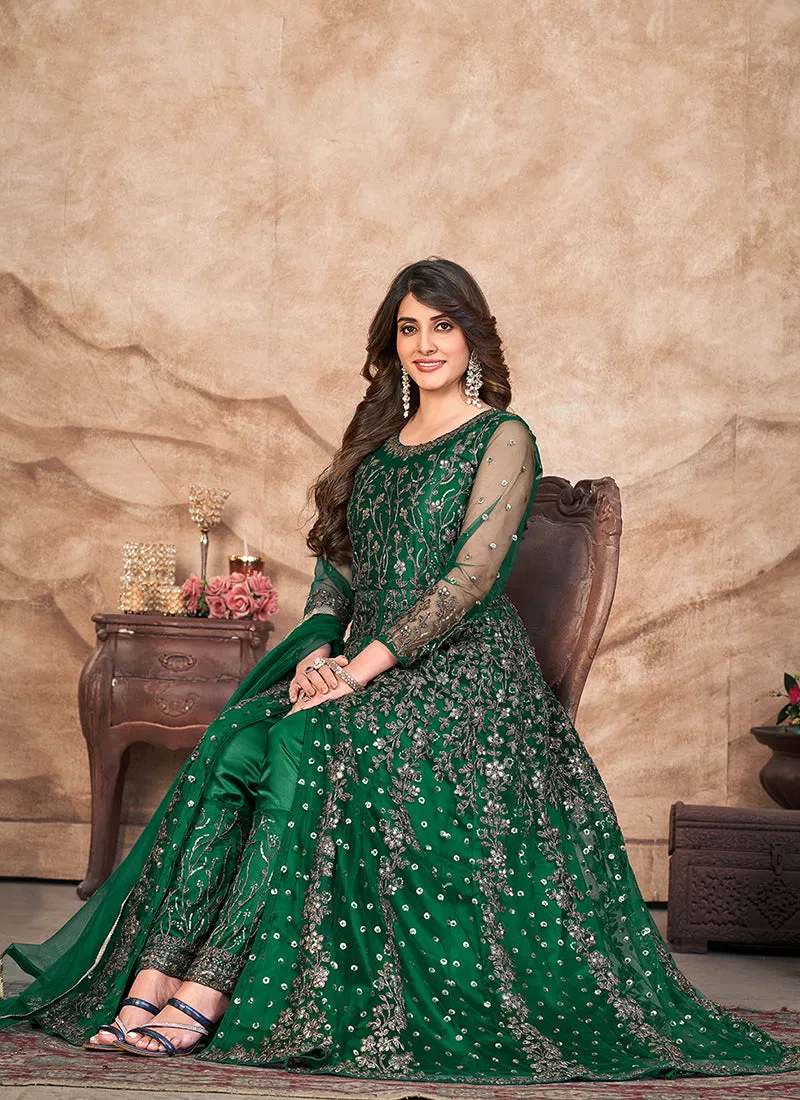 Green Embroidered Slit Style Anarkali Pant Suit