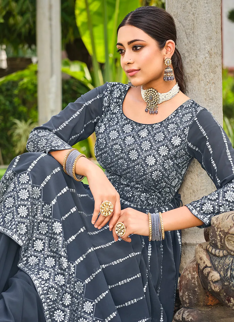 Grey Sequence Embroidery Festive Palazzo Suit