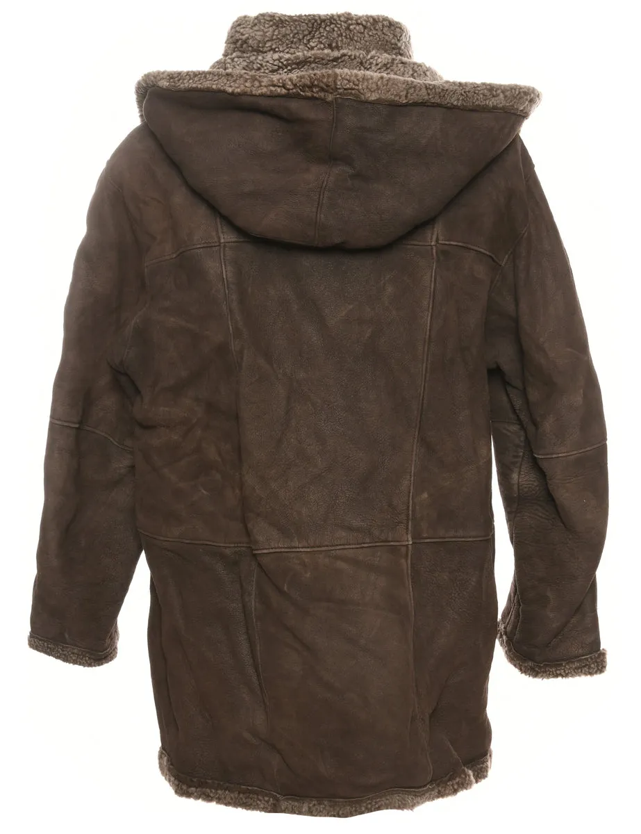 Hooded Dark Brown Suede Sherling Coat - M