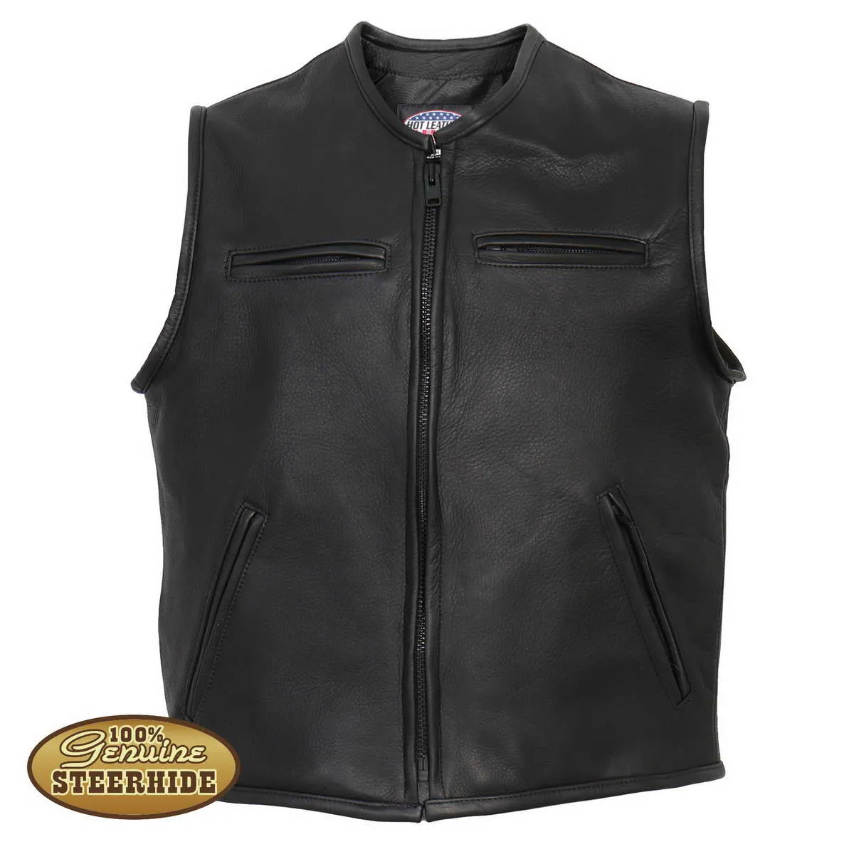 Hot Leathers VSM5001 USA Made Men's Black Premium Steerhide Leather Club Style Vest