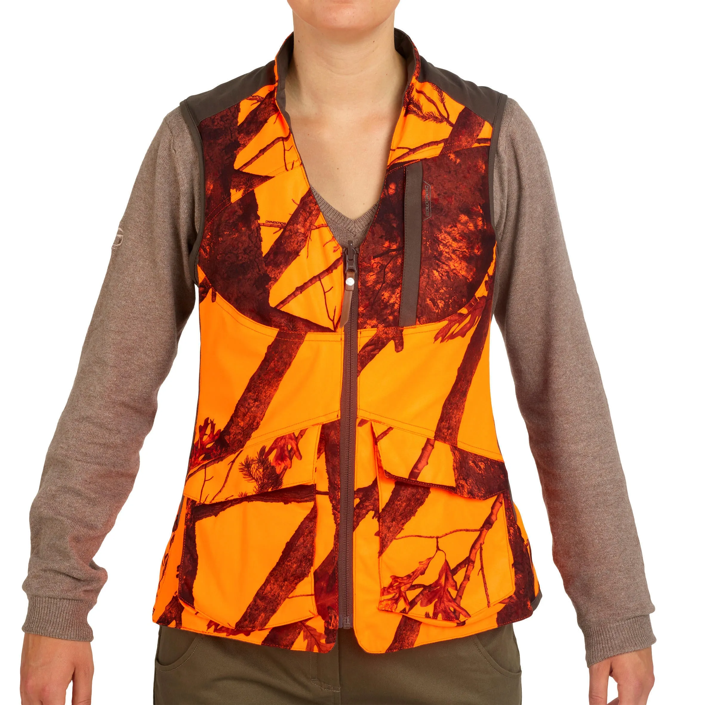 Hunting vest women's 500 double-sided brown, camouflage/orange SOLOGNAC coffee brown