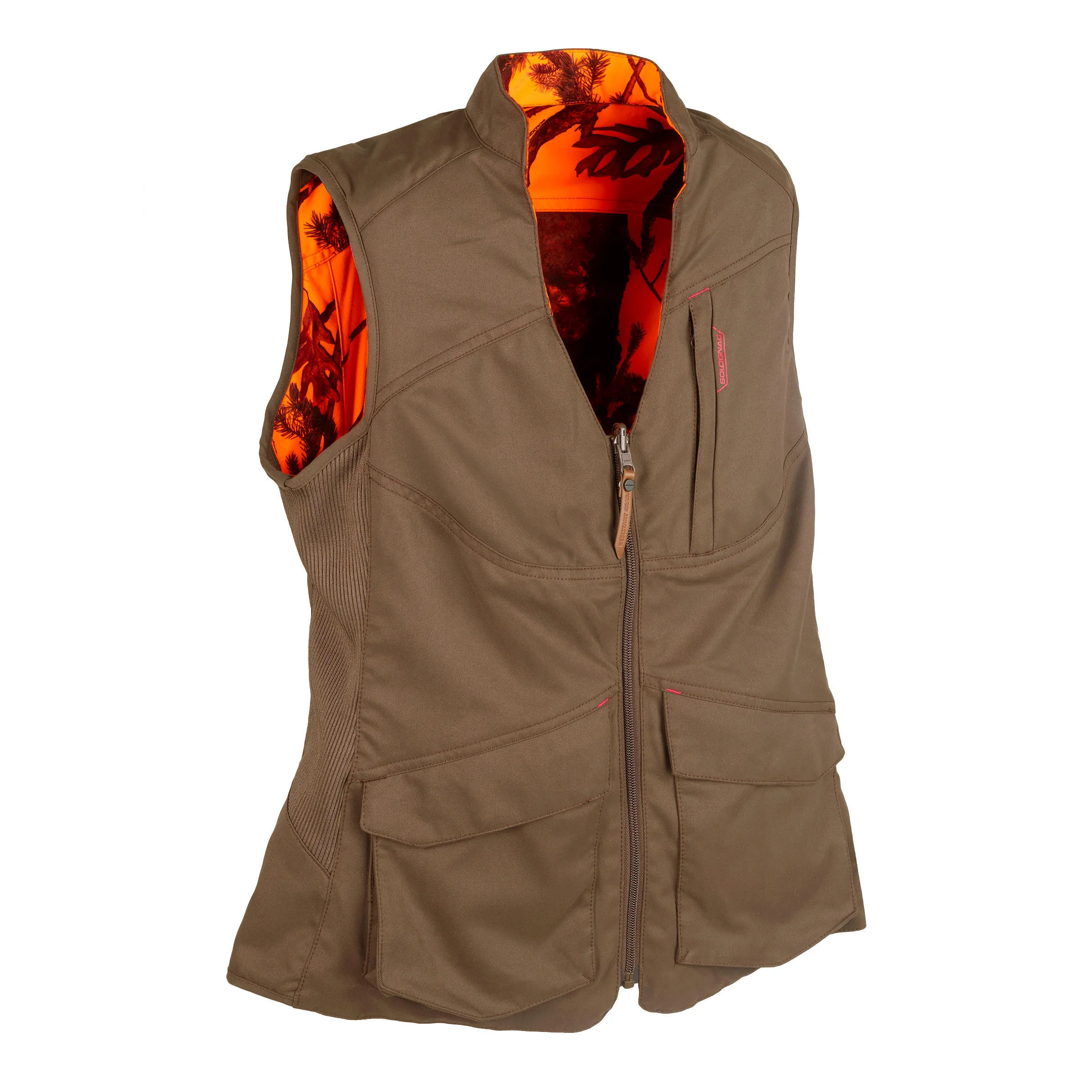 Hunting vest women's 500 double-sided brown, camouflage/orange SOLOGNAC coffee brown