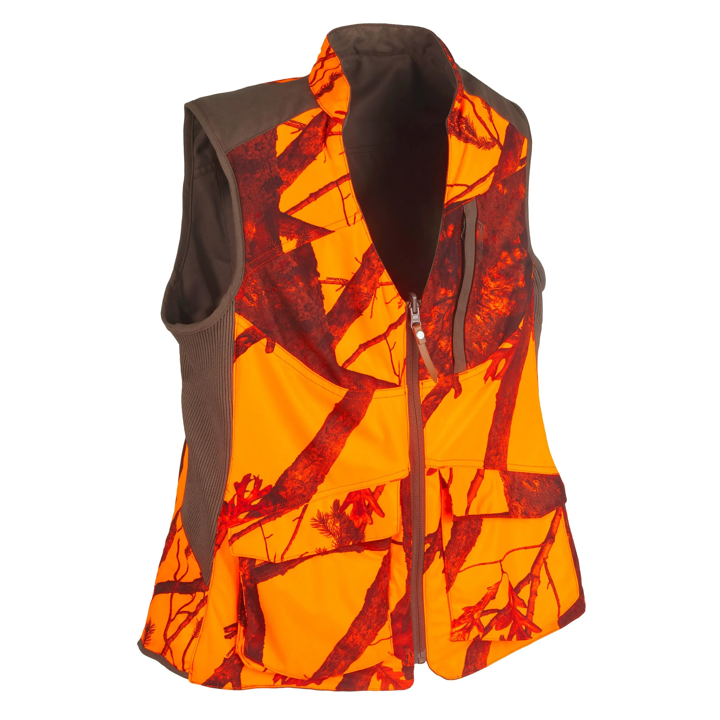 Hunting vest women's 500 double-sided brown, camouflage/orange SOLOGNAC coffee brown