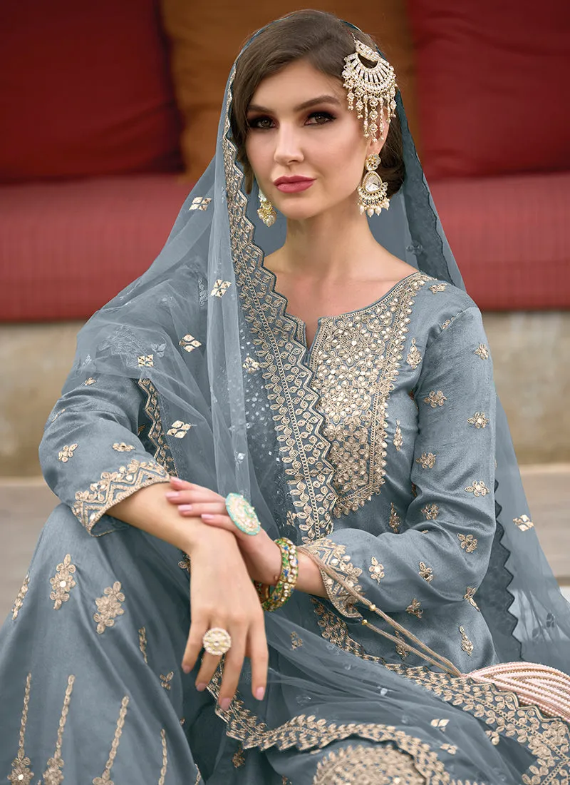 Ice Blue Embroidery Festive Sharara Style Suit