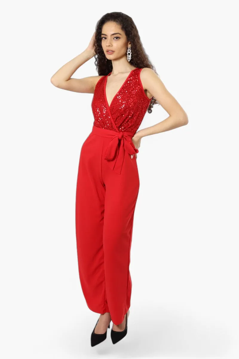 Limite Belted Sequin Top Jumpsuit - Red