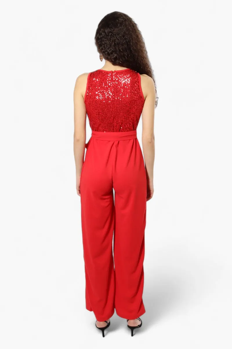 Limite Belted Sequin Top Jumpsuit - Red