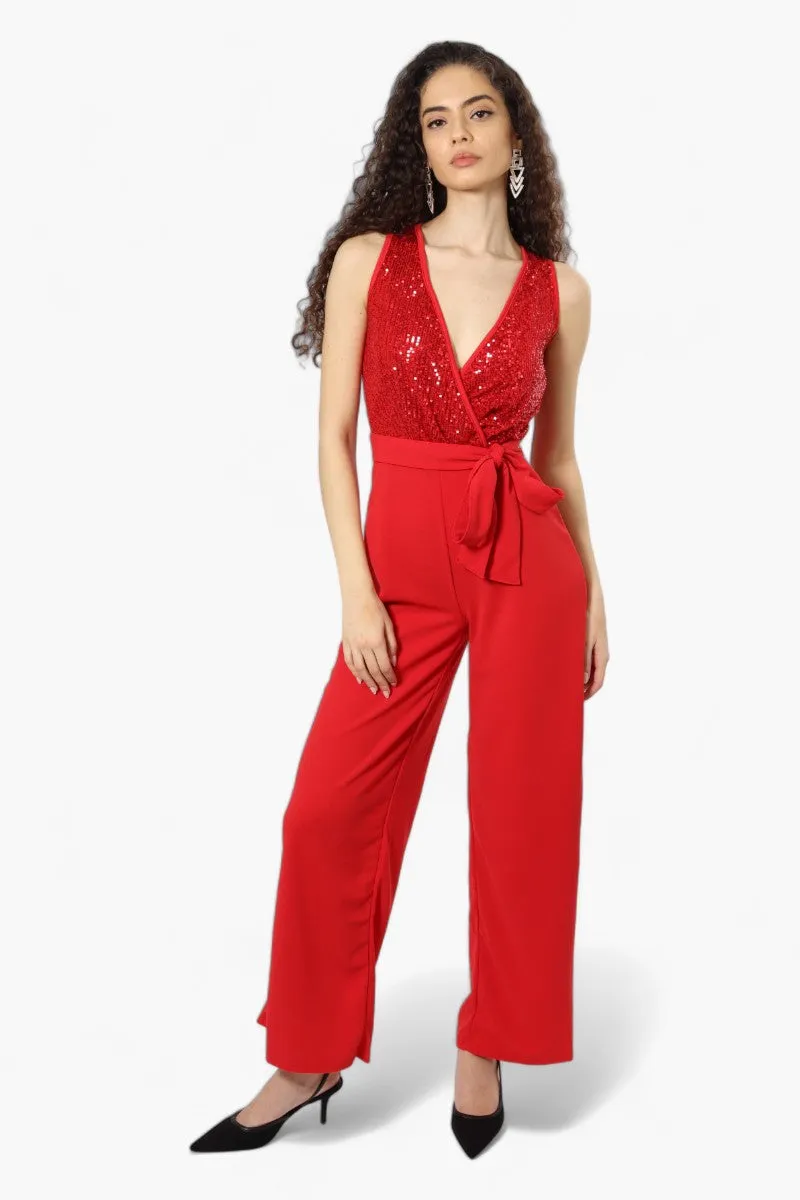 Limite Belted Sequin Top Jumpsuit - Red