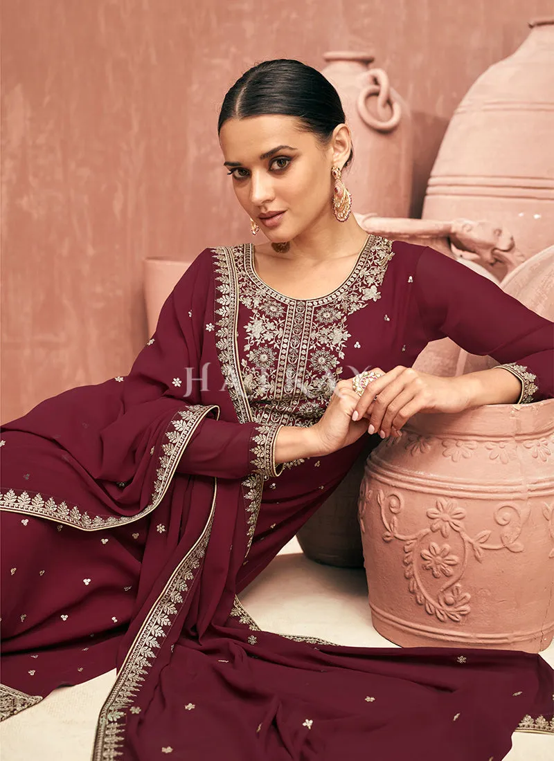 Maroon Embroidered Georgette Gharara Suit