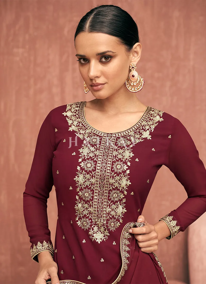 Maroon Embroidered Georgette Gharara Suit