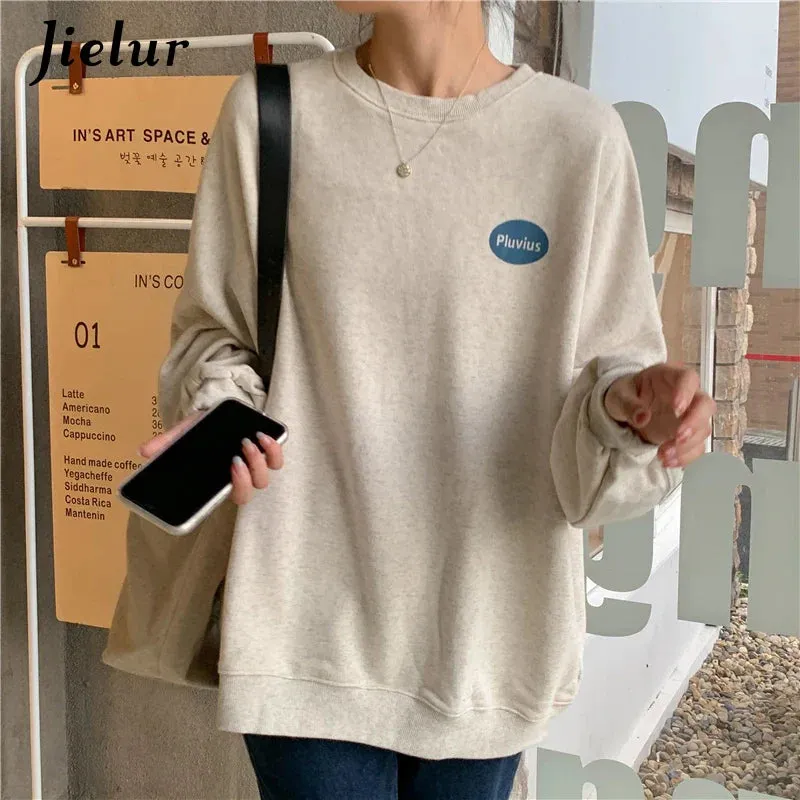 Metaversmall Autumn Style Korean Loose Long-sleeved Letter Printed O-neck Sweatshirt Women Leisure Oatmeal Hoodies Young Pullovers